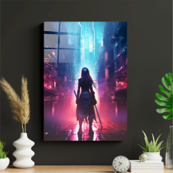 Cyberpunk Kız Ve Şehir Temalı Metal Poster Tablo - 1